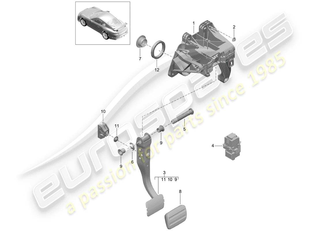 porsche 2015 (991-1 r/gt3/rs) brake and accel. lever mech. d >>- mj 2017 part diagram