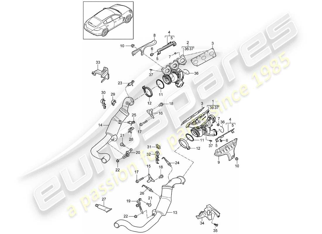 porsche 2016 (panamera 970) exhaust system exhaust gas turbocharger catalytic converter lambda probe parts diagram