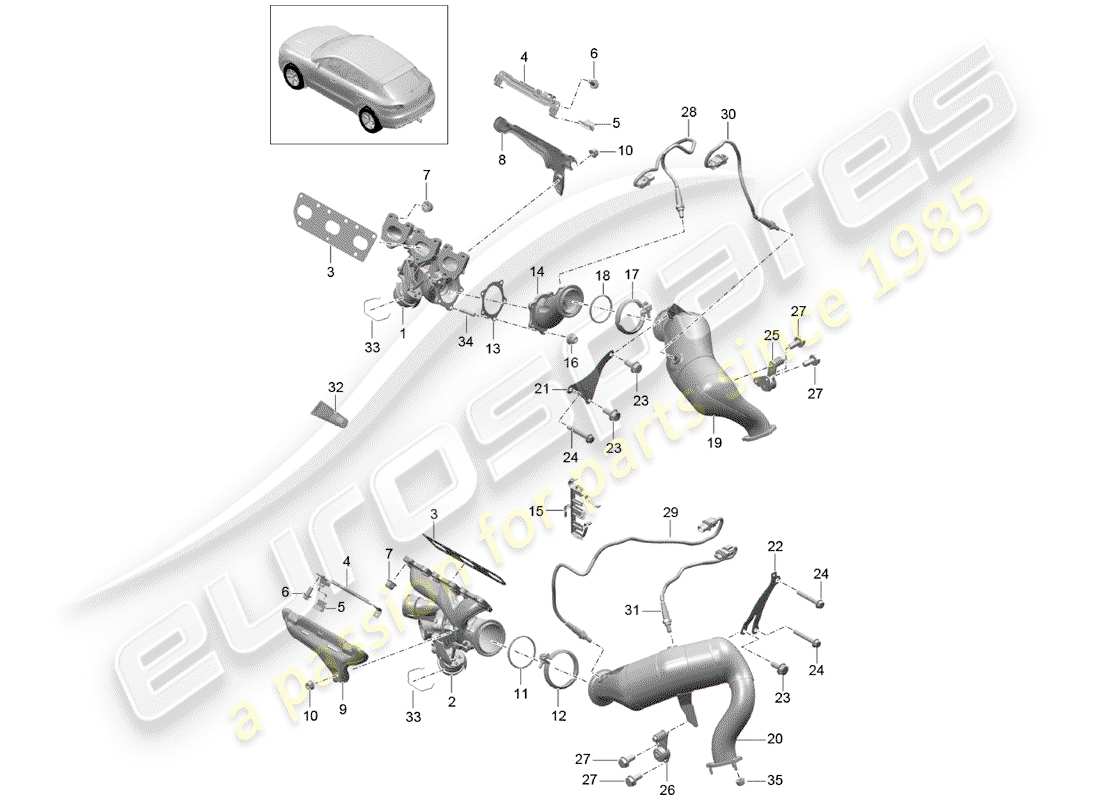 porsche 2014 (macan) exhaust system exhaust gas turbocharger catalytic converter lambda probe parts diagram