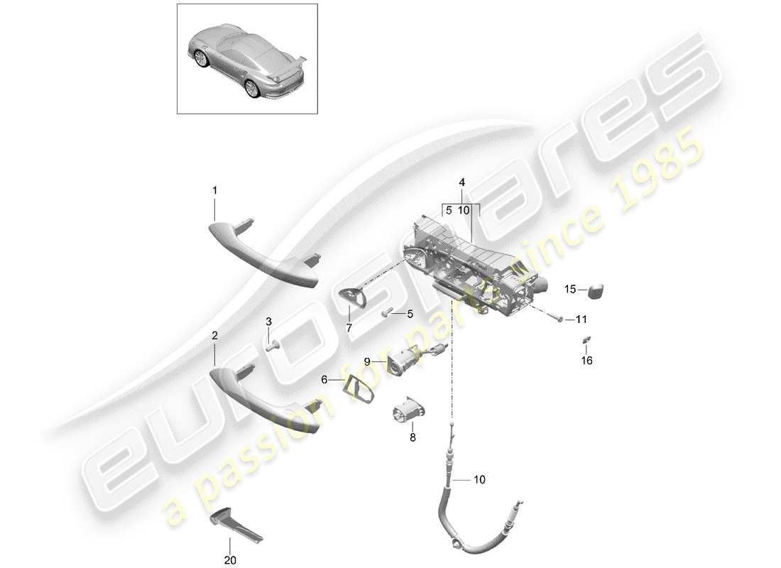porsche 991r/gt3/rs (2015) door handle, outer parts diagram