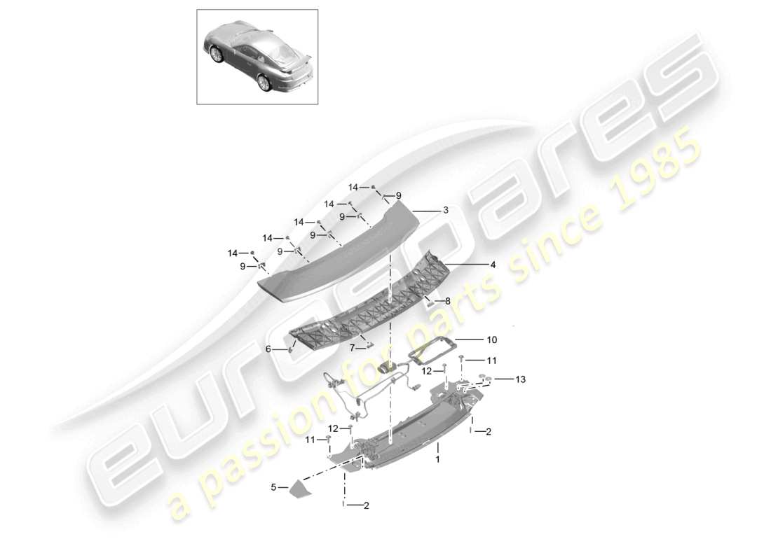 porsche 2014 (991-1 r/gt3/rs) rear spoiler part diagram