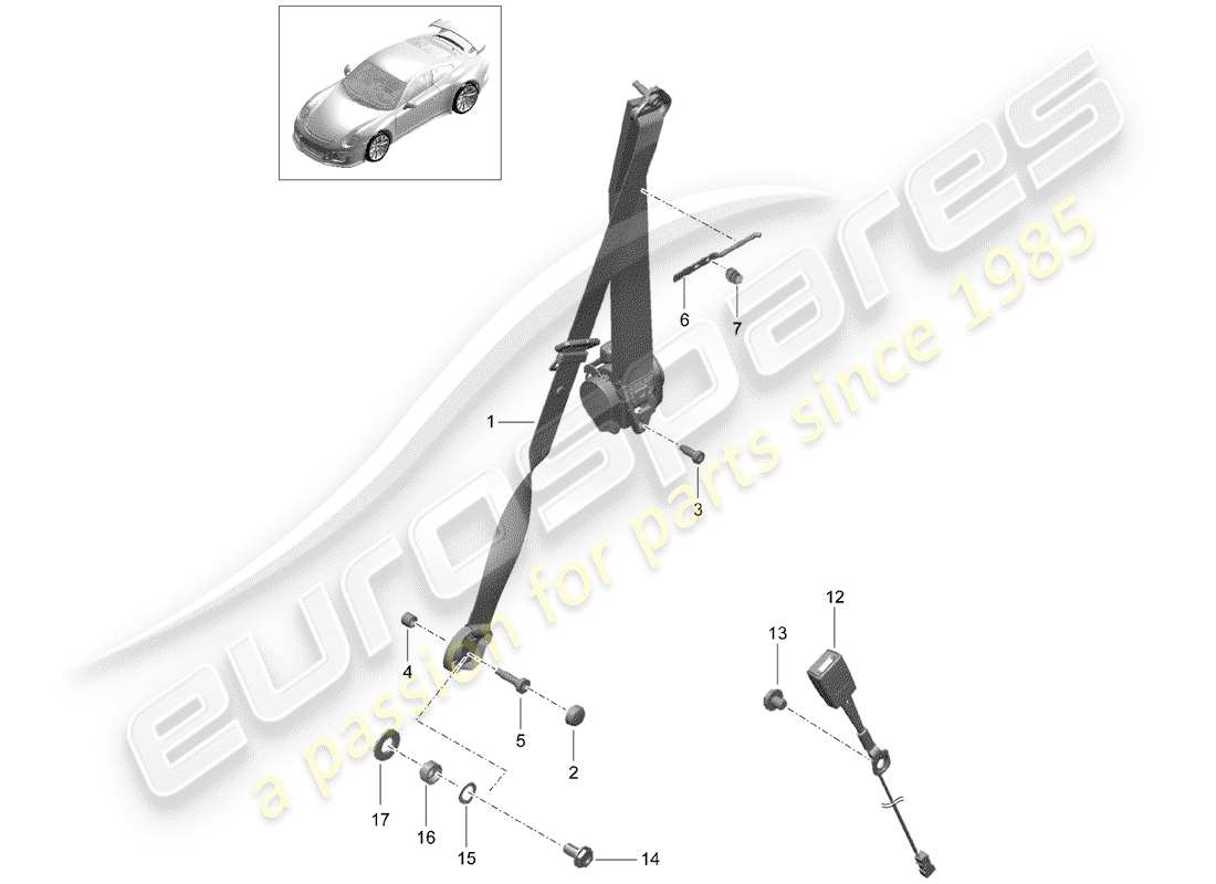 porsche 2016 (991-1 r/gt3/rs) three-point safety belt front part diagram