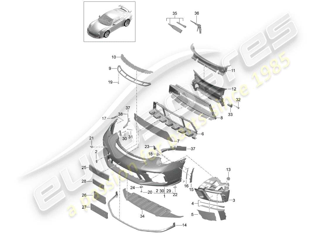 porsche 2016 (991-1 r/gt3/rs) bumper front spoiler d - mj 2018>> part diagram