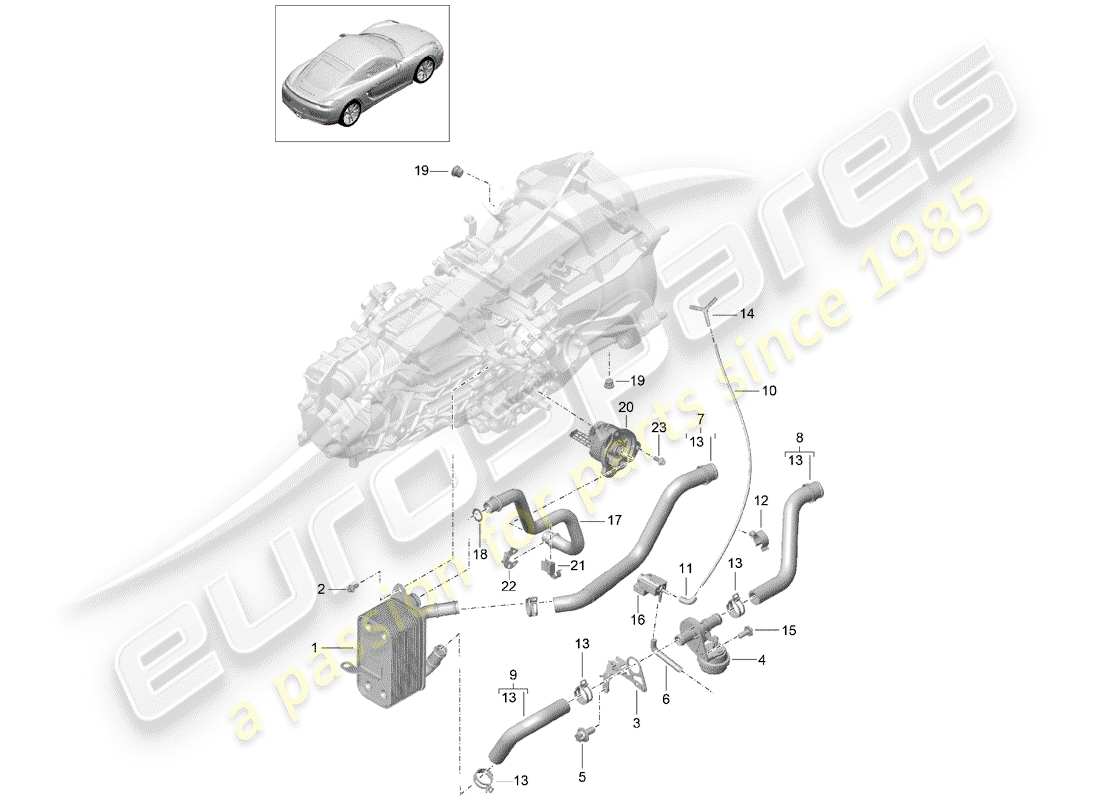 porsche 2014 (981 cayman) manual gearbox heat exchanger oil pipe water pipe part diagram