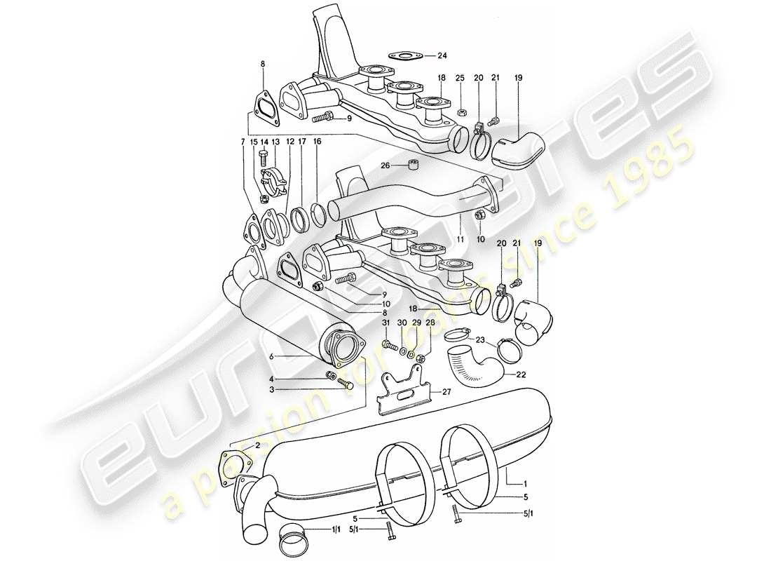 porsche 1975 (911) exhaust system - d - mj 1975>> part diagram