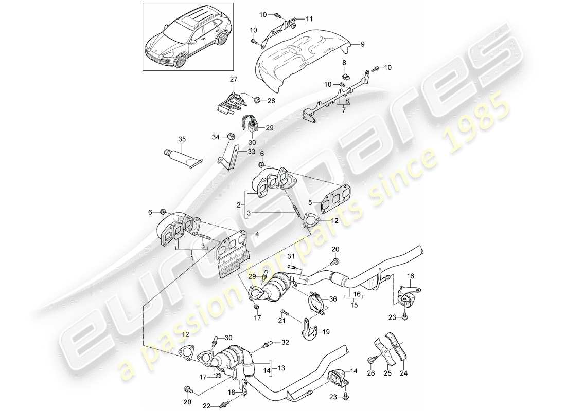 porsche 2014 (cayenne e2 92a) exhaust system exhaust manifolds catalytic converter part diagram
