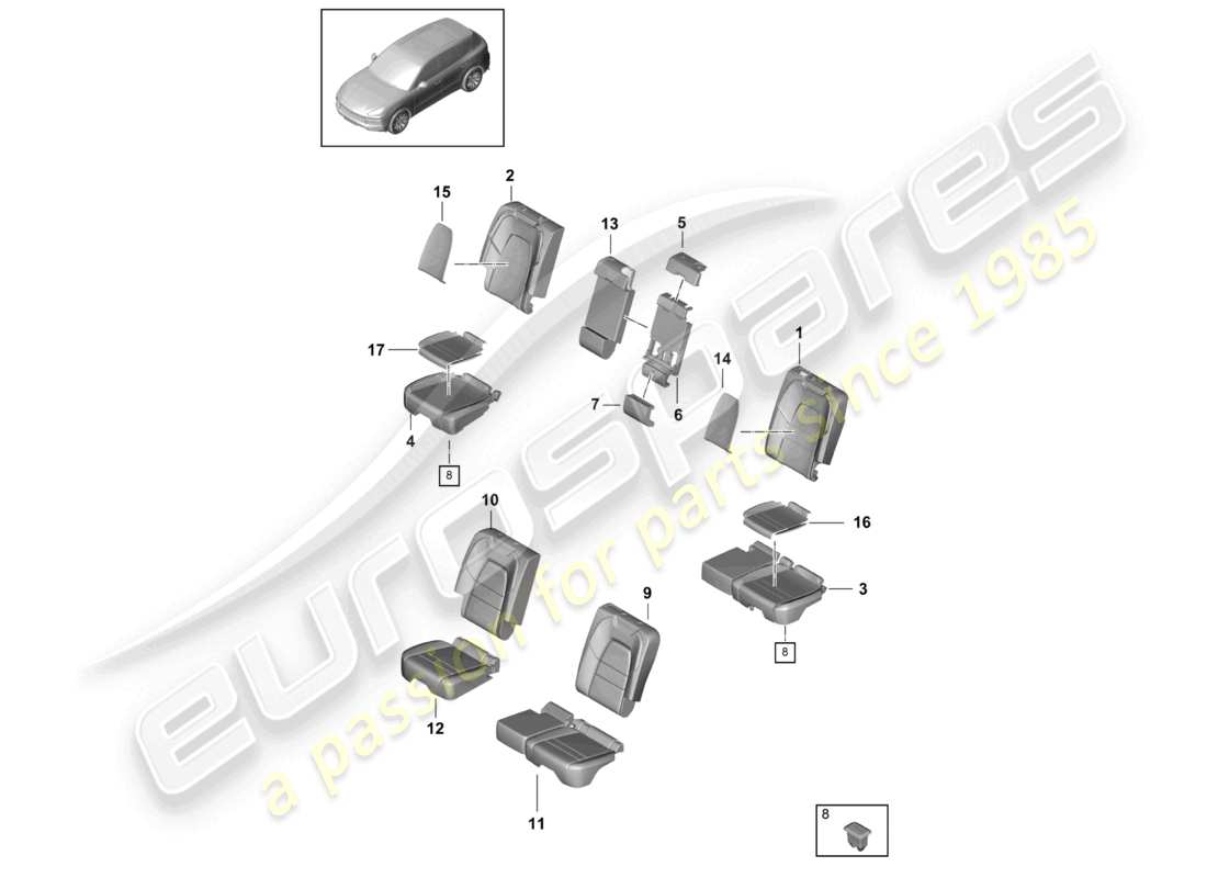 porsche 2020 (cayenne e3 9ya/9yb) seat rear sports seat foam part backrest covers seat covers part diagram