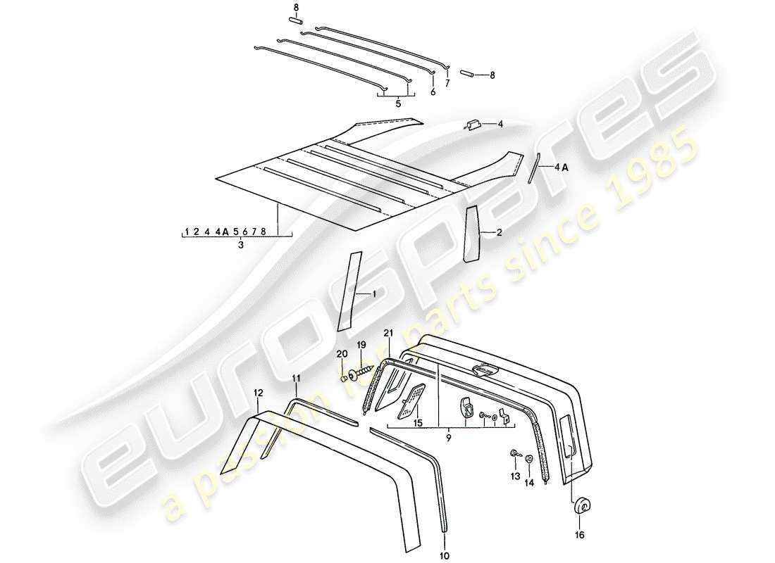 porsche 1989 (911) interior equipment - roof - roll bar part diagram