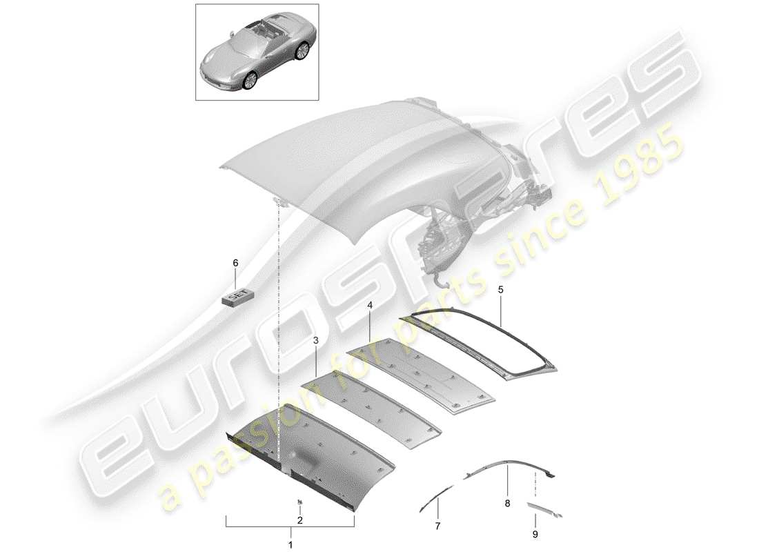 porsche 2014 (991-1) convertible top roof trim parts diagram