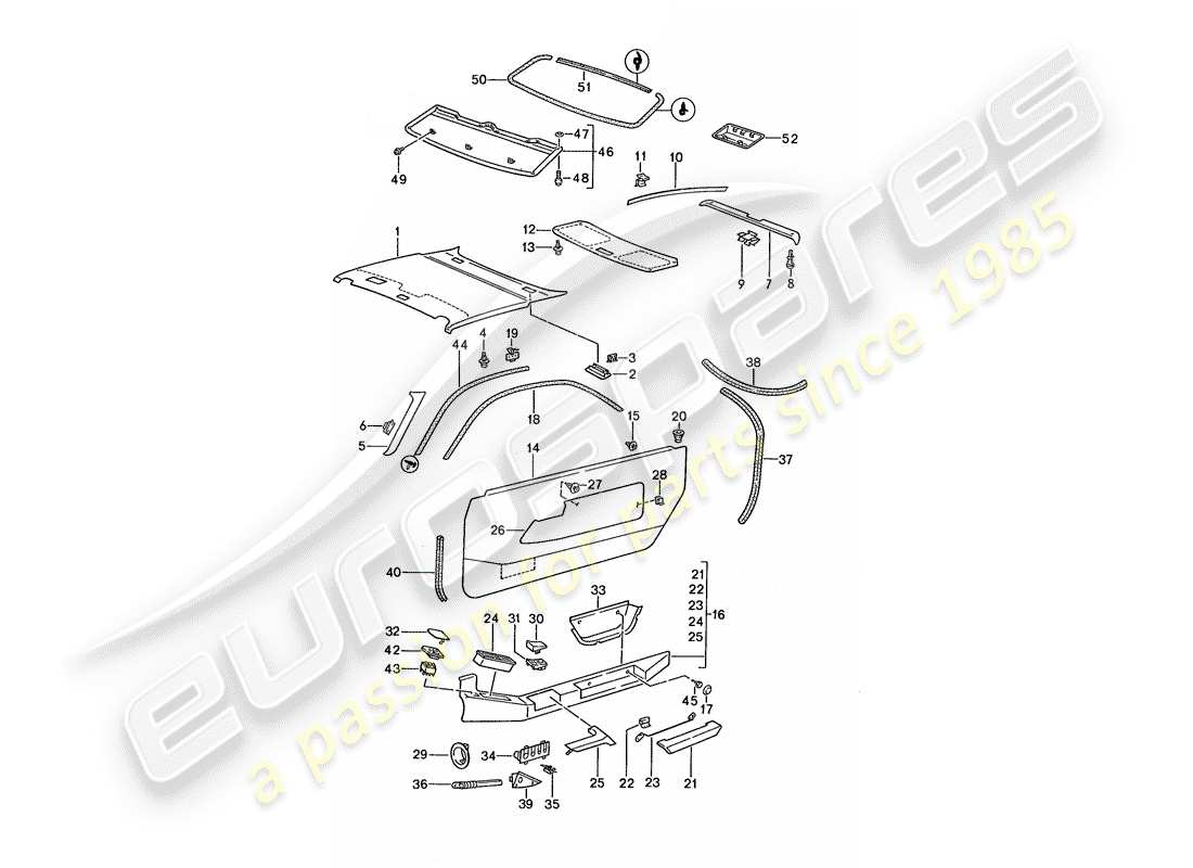 porsche 1989 (928) door panel - roof trim panel parts diagram
