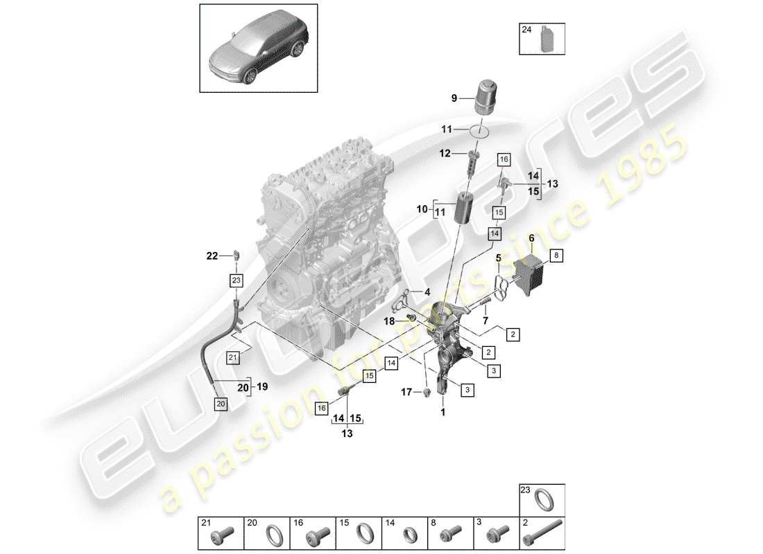 porsche 2020 (cayenne e3 9ya/9yb) oil filter console oil cooler part diagram