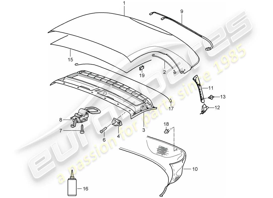 porsche 2008 (987 boxster) convertible top covering liner parts diagram