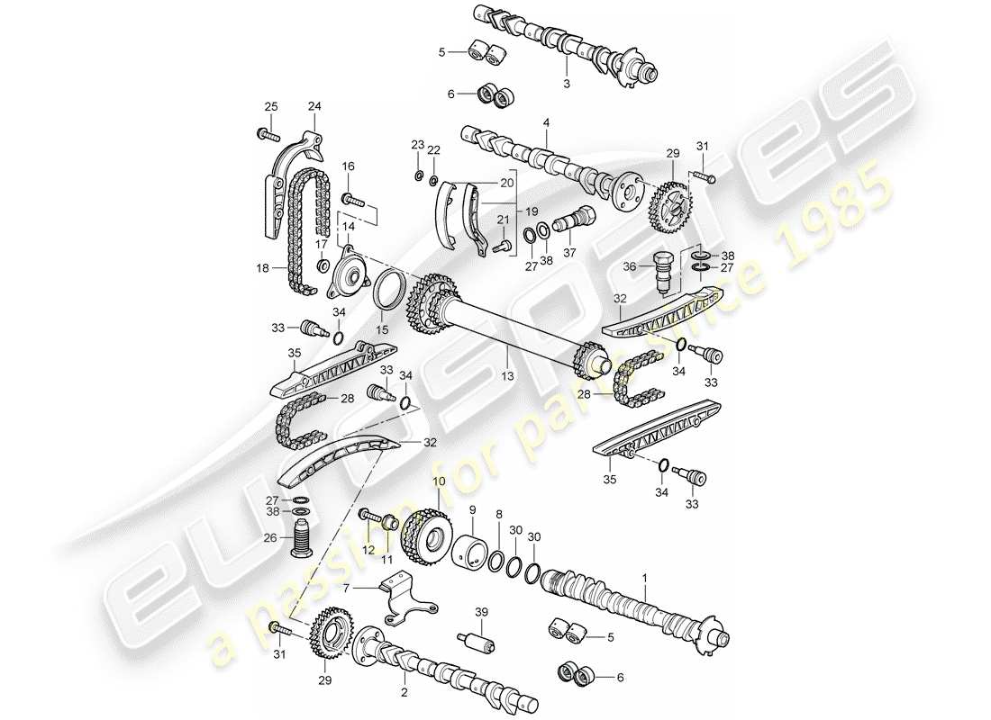 porsche 2007 (987 cayman) camshaft timing chain w/ tension rail part diagram