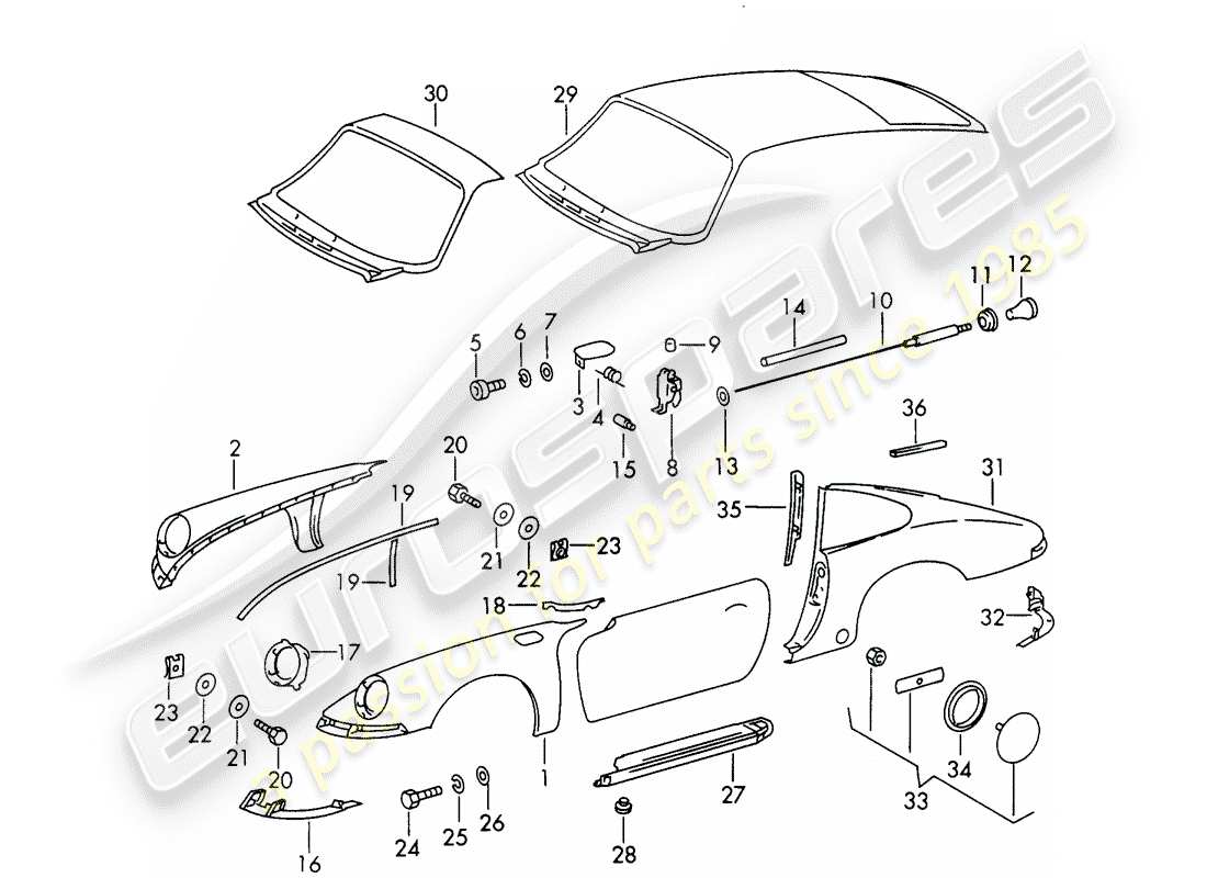 porsche 1965 (911/912) exterior panelling part diagram
