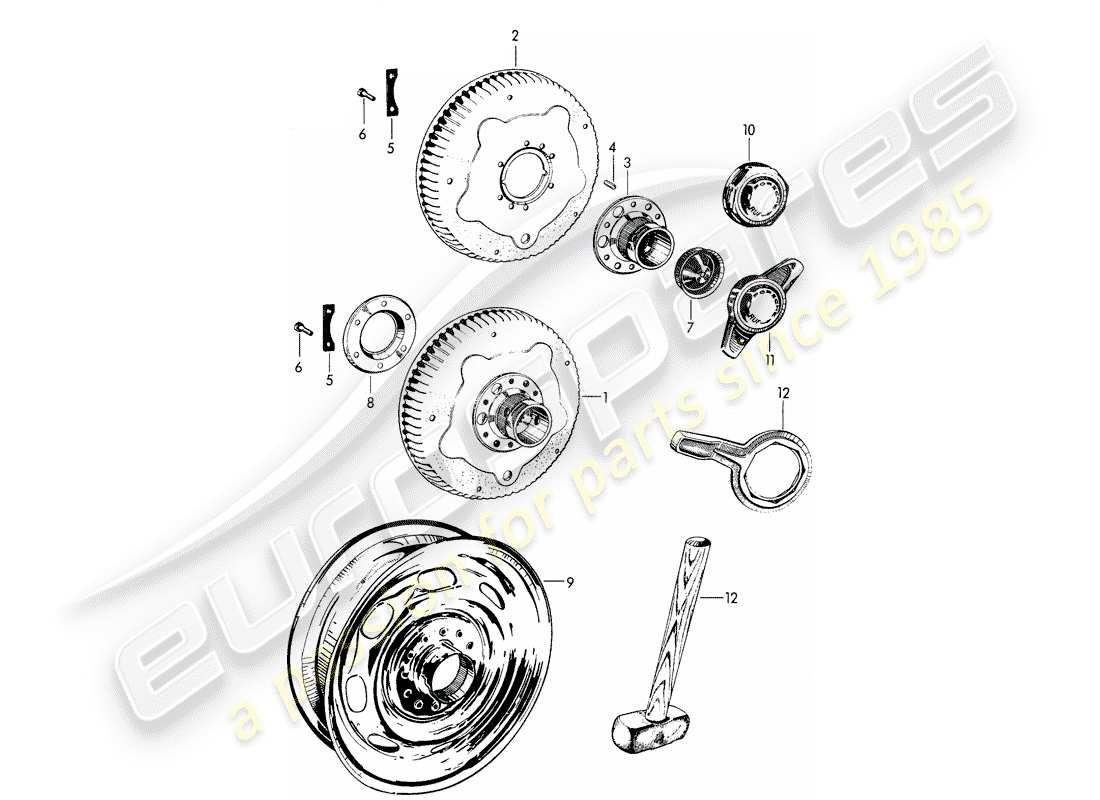 porsche 1962 (356b/356c) perforated disc wheel - central locking - with: - fasteners part diagram