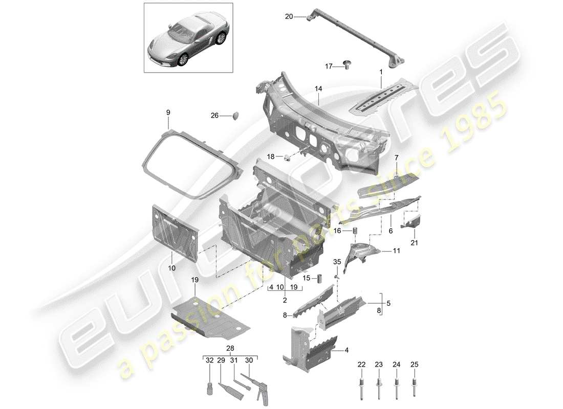 porsche 2019 (718 boxster) front end individual parts parts diagram