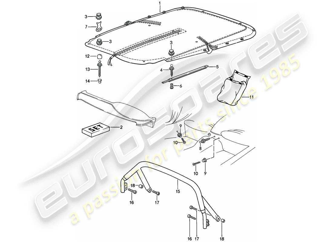 porsche 1985 (911) tonneau cover with - fittings - cover clip part diagram