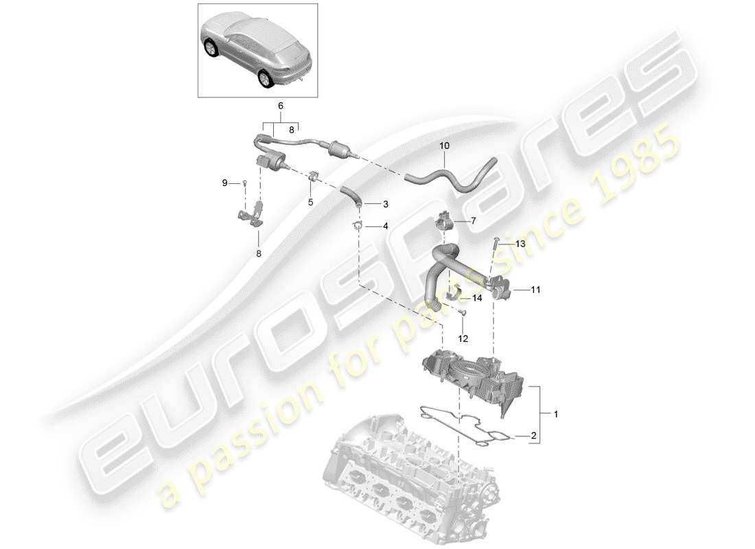 porsche 2016 (macan) oil separator breather line fuel tank crankcase housing part diagram
