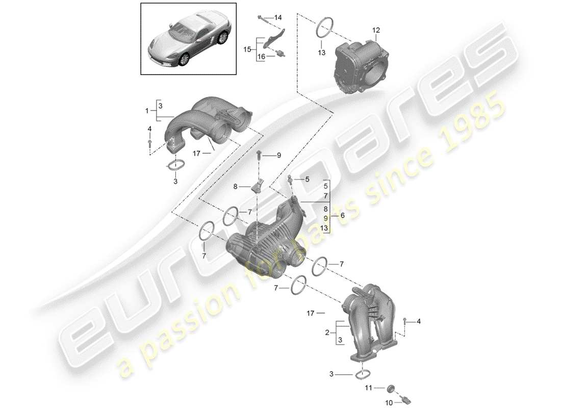 porsche 2019 (718 boxster) intake air distributor throttle valve adapter parts diagram