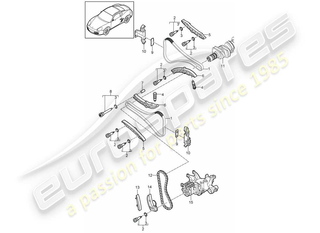 porsche 2012 (987 cayman) engine control timing chain w/ tension rail part diagram