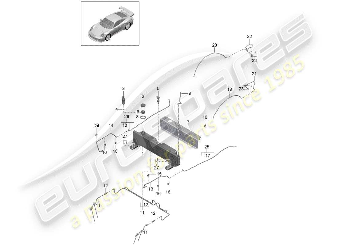 porsche 2014 (991-1 turbo) water reservoir for water water-spray system charge air cooler part diagram