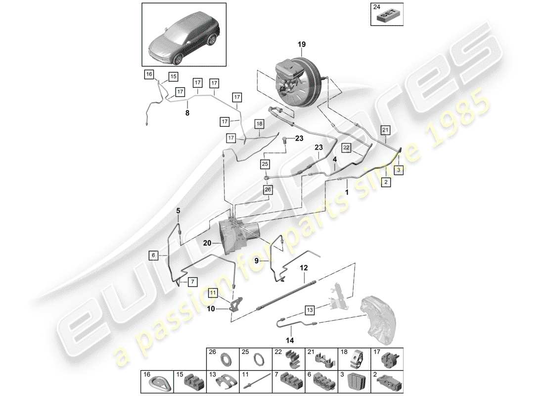 porsche 2020 (cayenne e3 9ya/9yb) brake line phev front end part diagram
