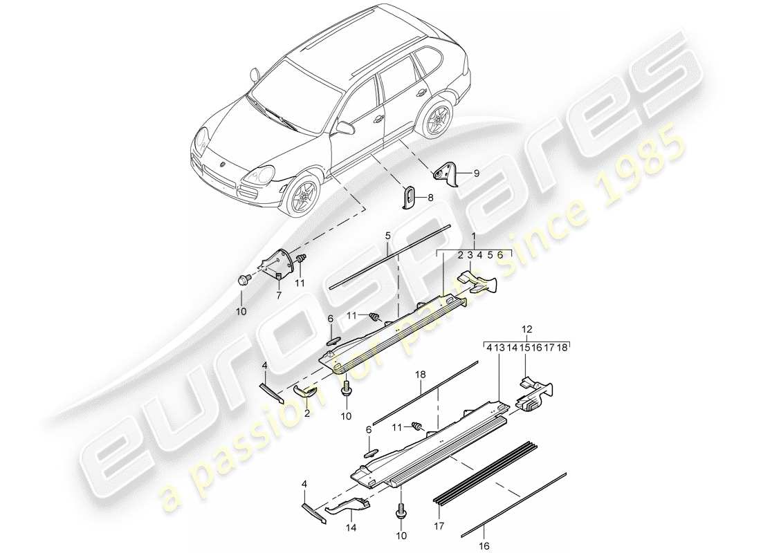 porsche 2005 (cayenne e1 9pa) trims accessories sill part diagram