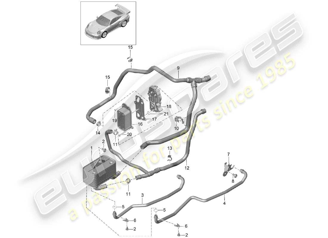 porsche 2015 (991-1 turbo) - pdk - gearbox heat exchanger oil pipe water pipe part diagram