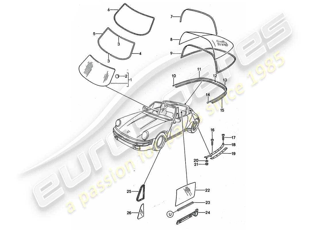 porsche 1989 (911) window glazing part diagram