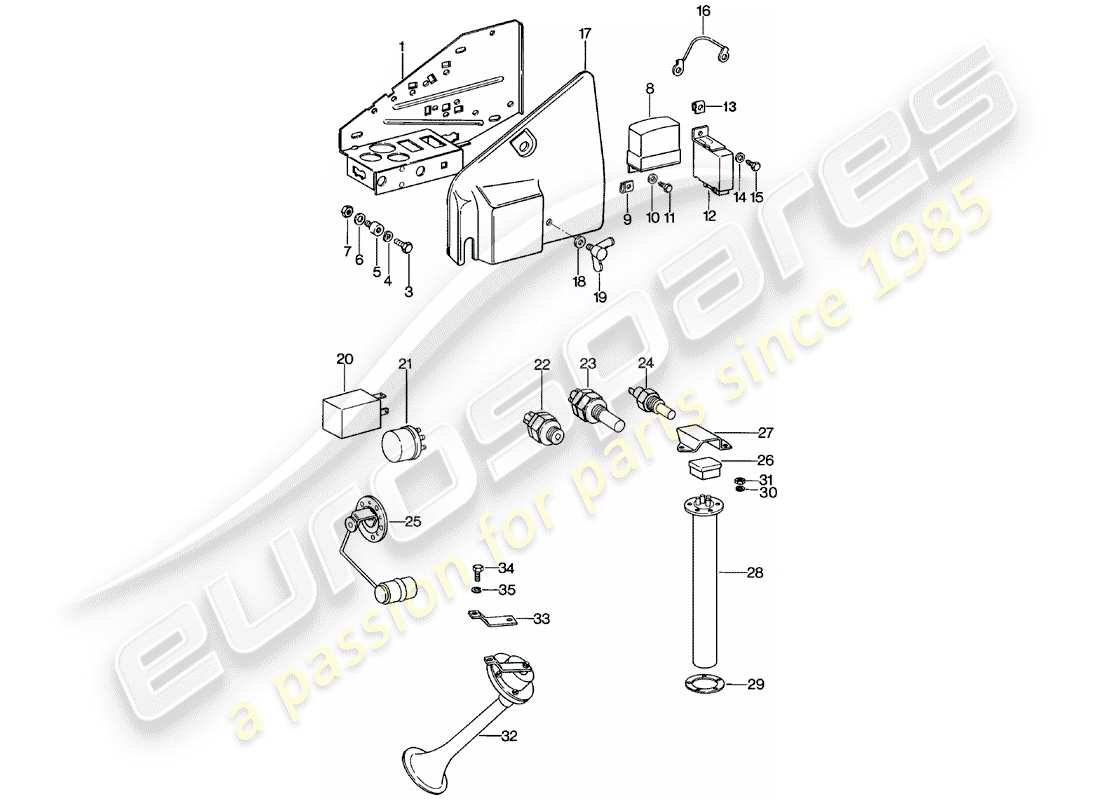 porsche 1980 (911) plate - relay - sensor - fanfare horn part diagram