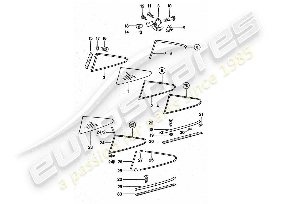 porsche 1976 (911 turbo) window glazing part diagram