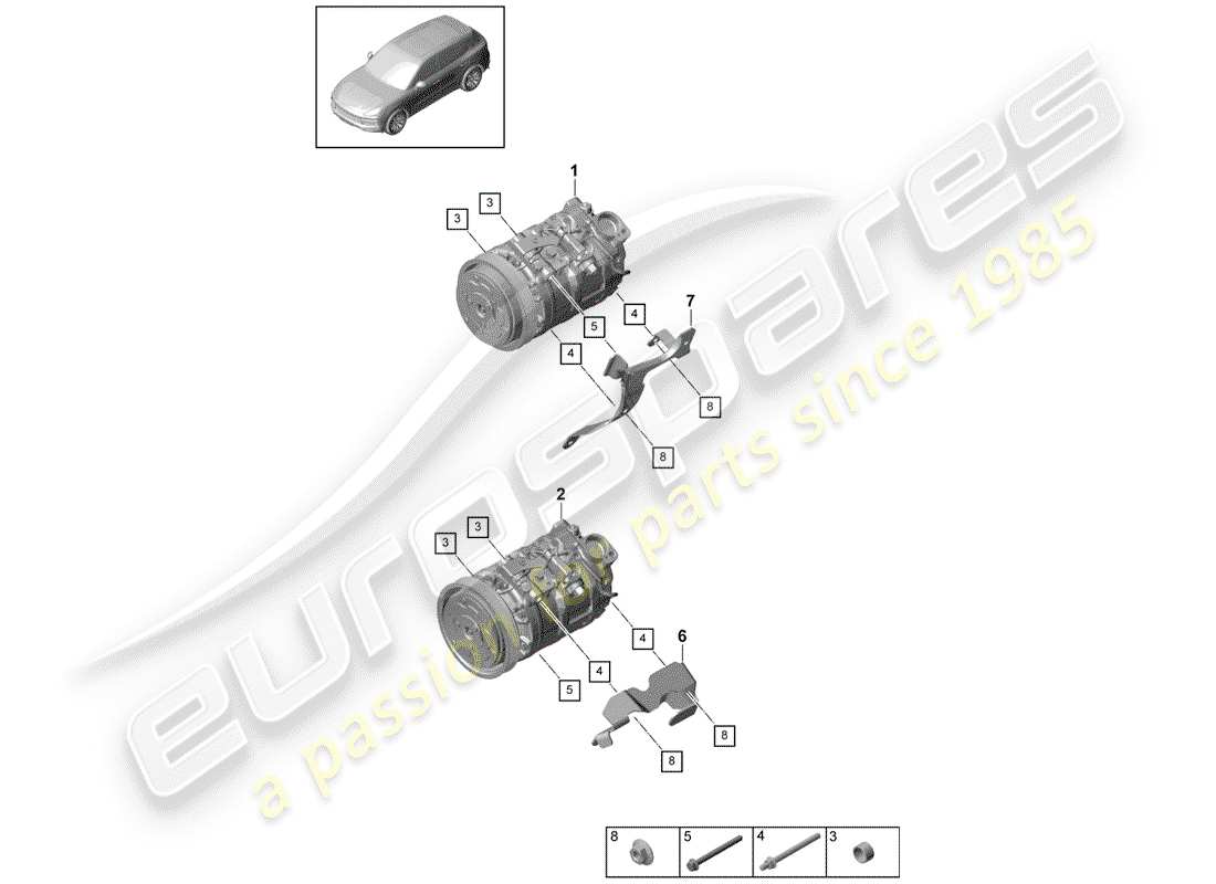 porsche 2020 (cayenne e3 9ya/9yb) compressor air conditioning r1234yf part diagram