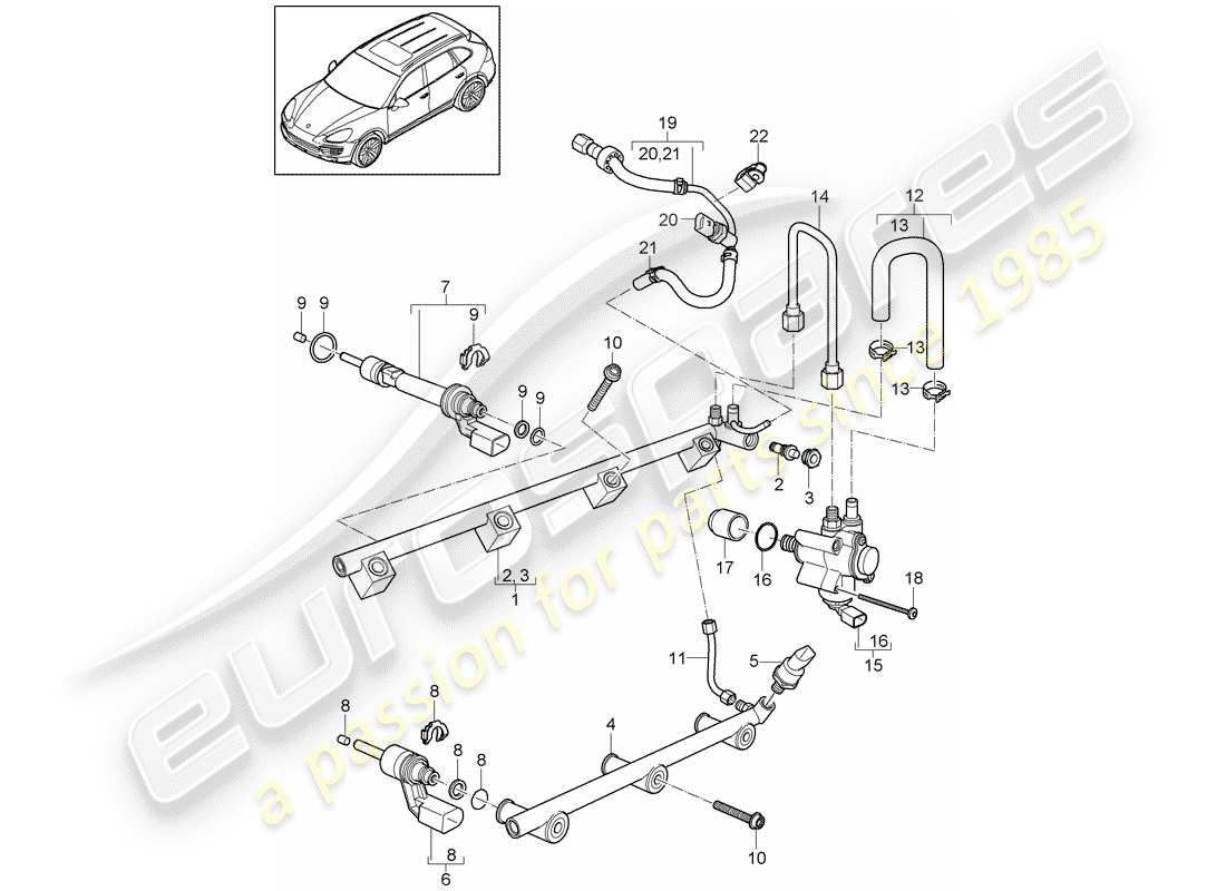porsche 2015 (cayenne e2 92a) fuel collection pipe high-pressure injector high pressure pump part diagram