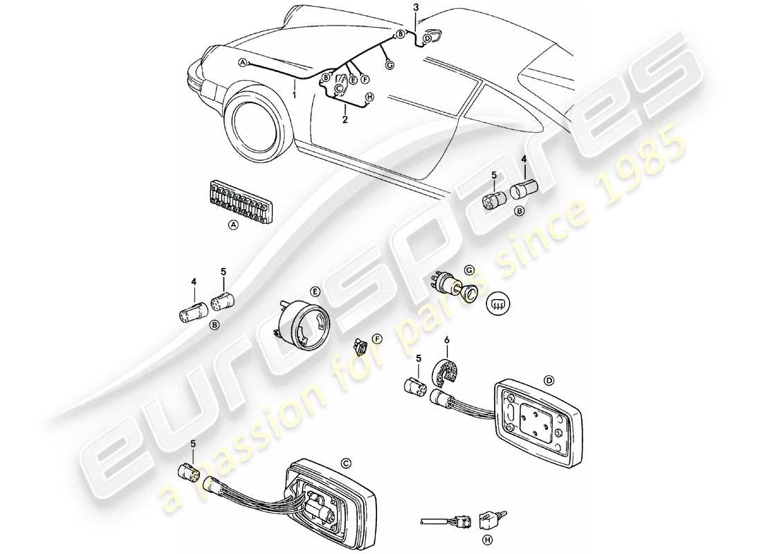 porsche 1983 (911) wiring harnesses - rear view mirror part diagram