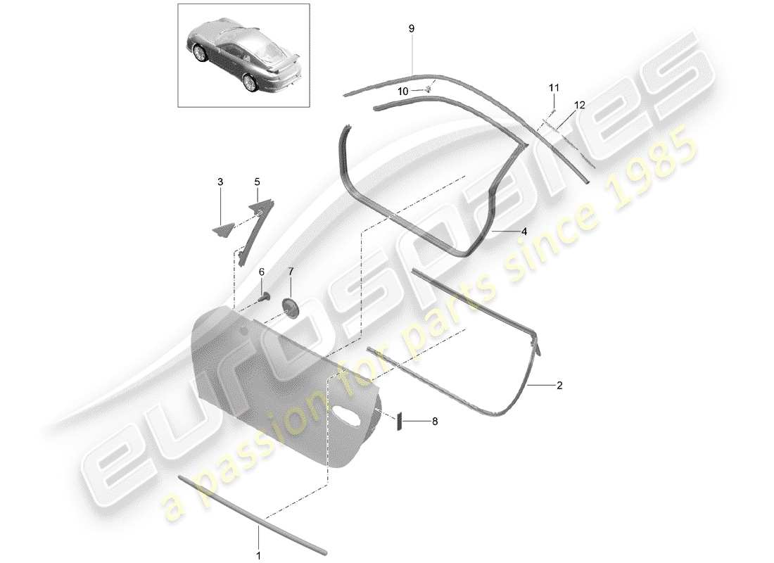 porsche 991r/gt3/rs (2019) door seal part diagram