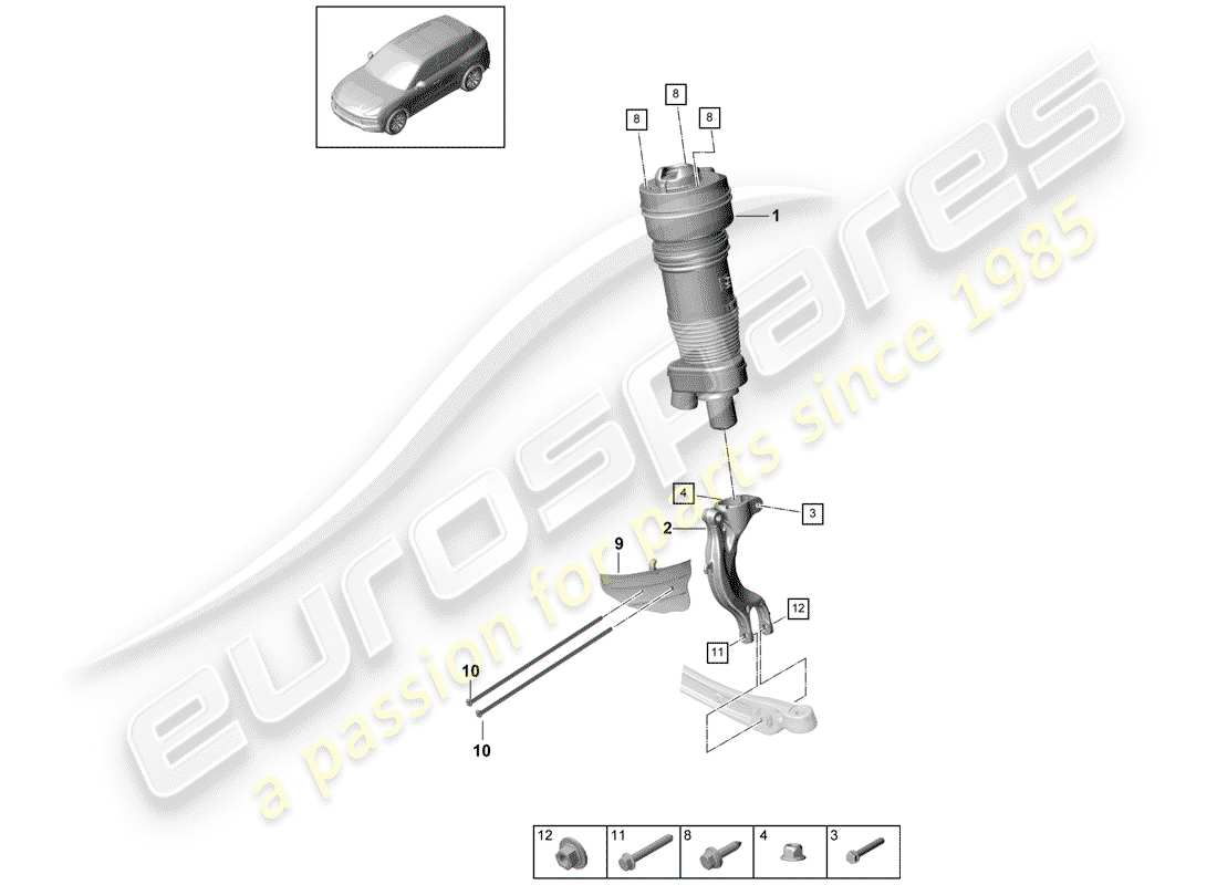 porsche 2018 (cayenne e3 9ya/9yb) air spring suspension strut complete parts diagram