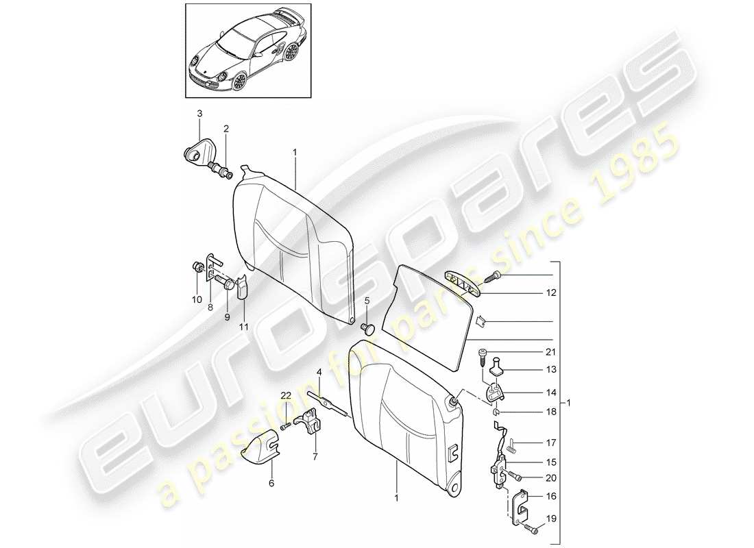 porsche 911 t/gt2rs (2012) emergency seat backrest parts diagram