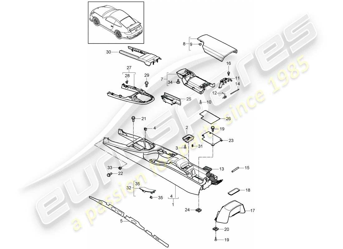 porsche 2009 (997-2 gt3) center console parts diagram