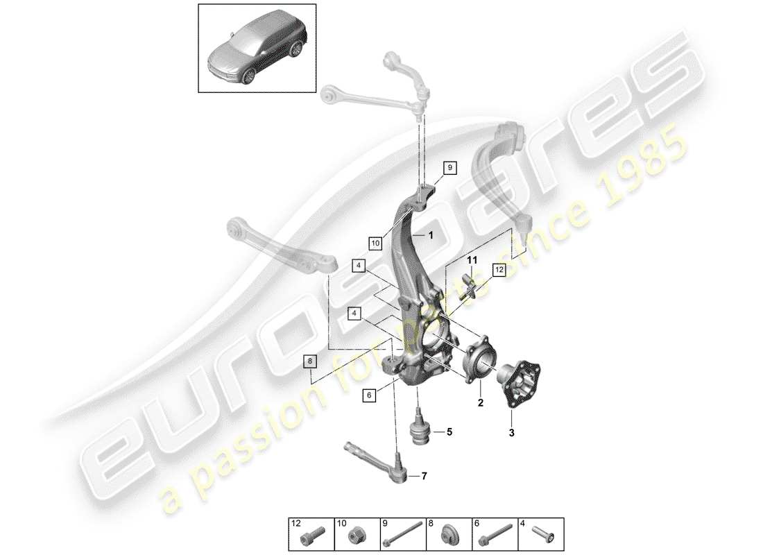 porsche 2019 (cayenne e3 9ya/9yb) wheel carrier swivel mounting wheel hub front axle parts diagram