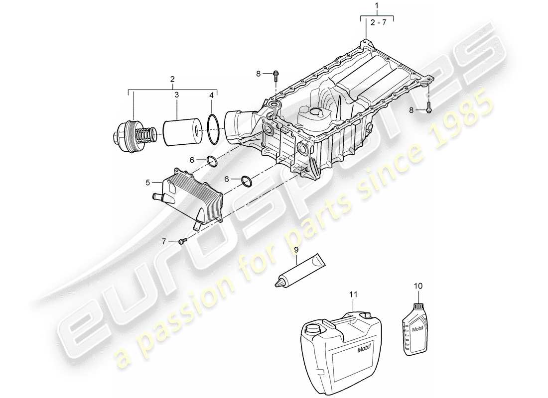 porsche 2008 (cayenne e1 9pa) oil-conducting housing oil filter heat exchanger part diagram