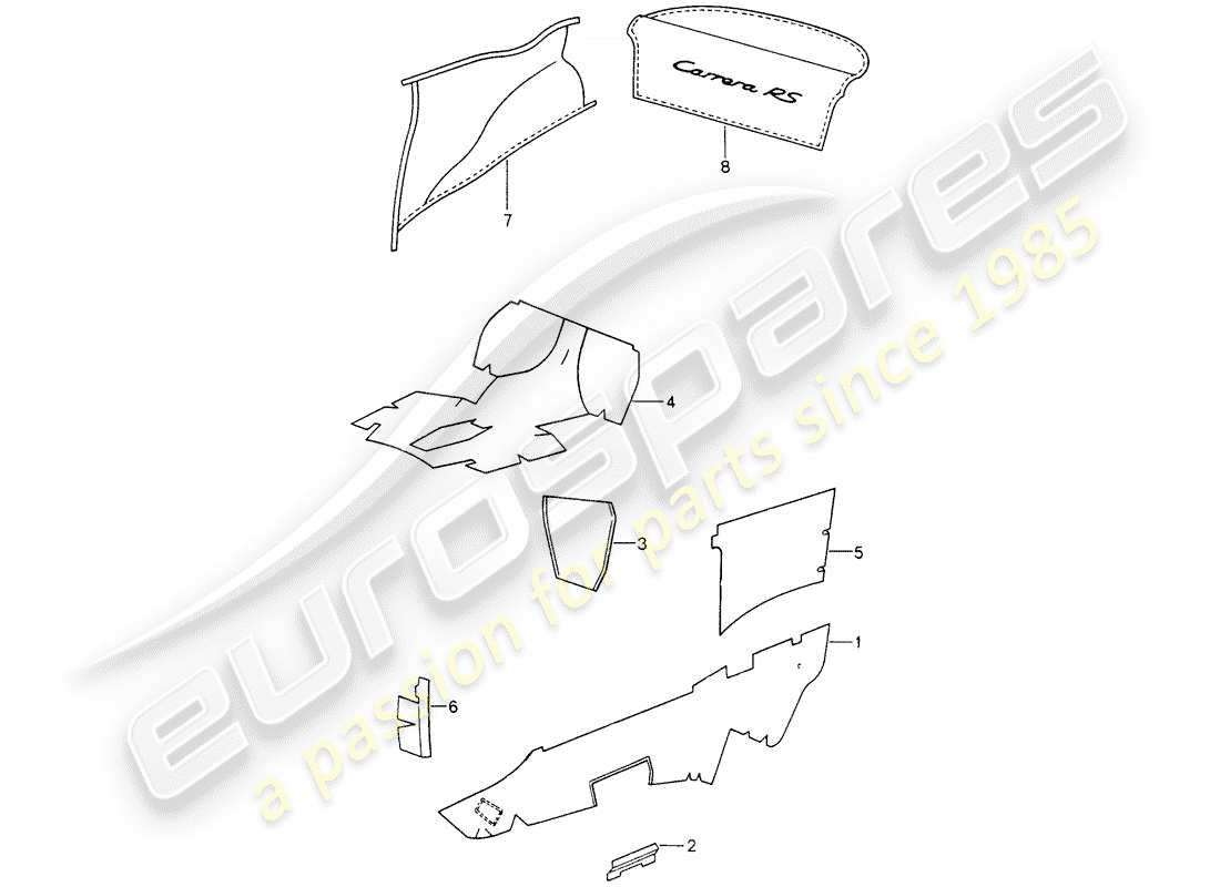 porsche 1995 (993) interior equipment - adhesive carpet part diagram