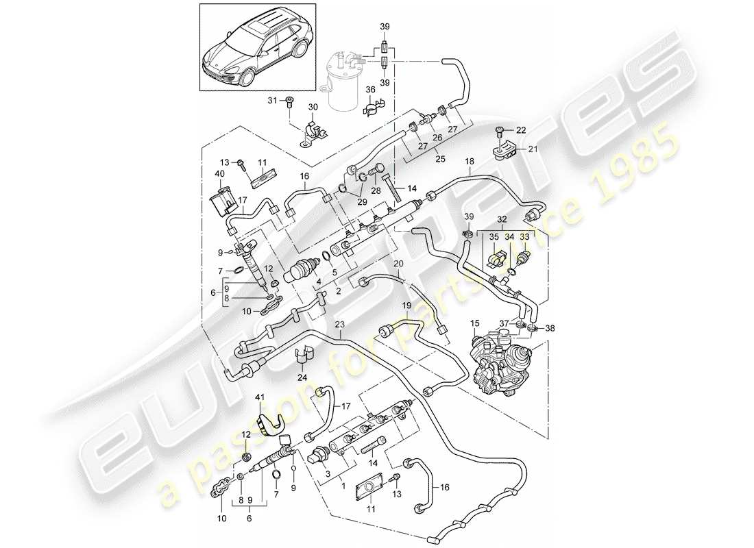 porsche 2011 (cayenne e2 92a) fuel collection pipe fuel line high-pressure injector part diagram