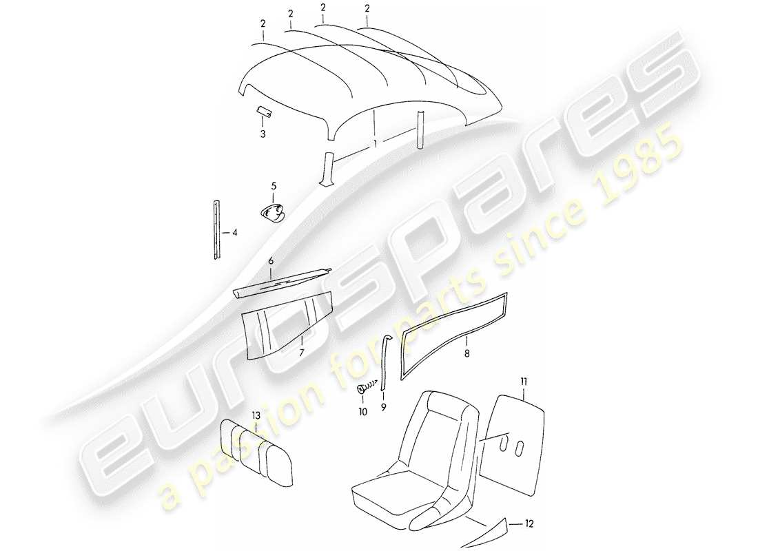 porsche 1959 (356/356a) trims - interior equipment part diagram