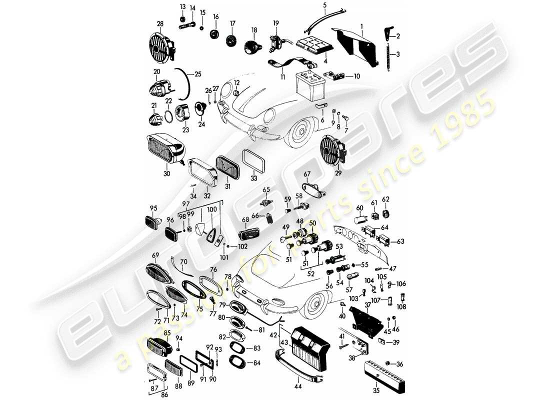 porsche 1960 (356b/356c) headlamp - and - switch - battery part diagram