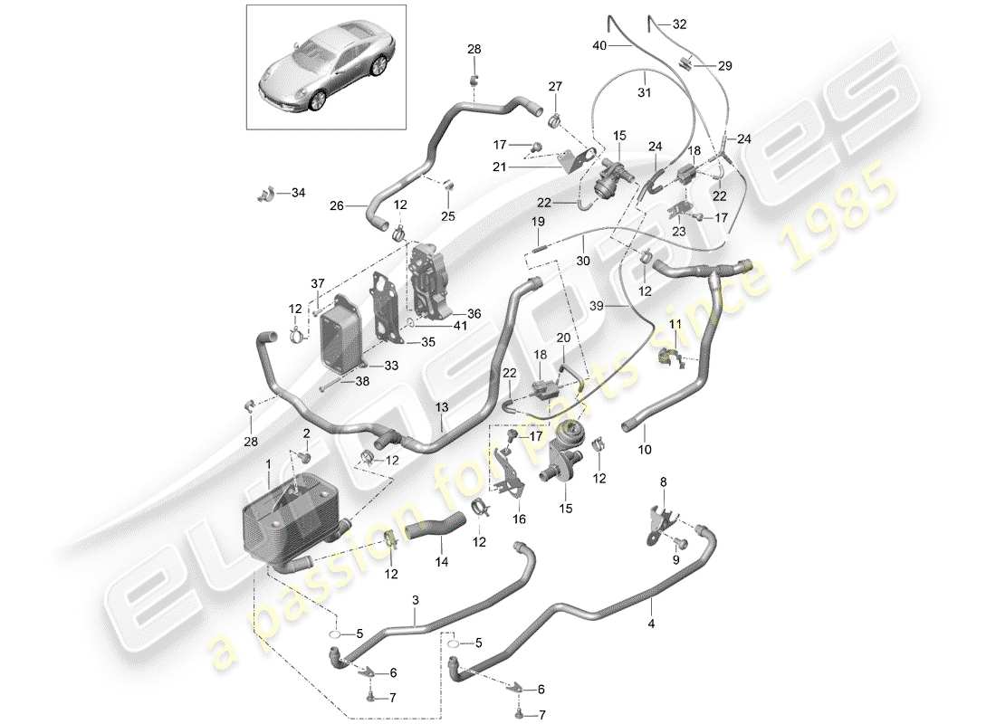 porsche 2014 (991-1) - pdk - gearbox heat exchanger oil pipe water pipe parts diagram