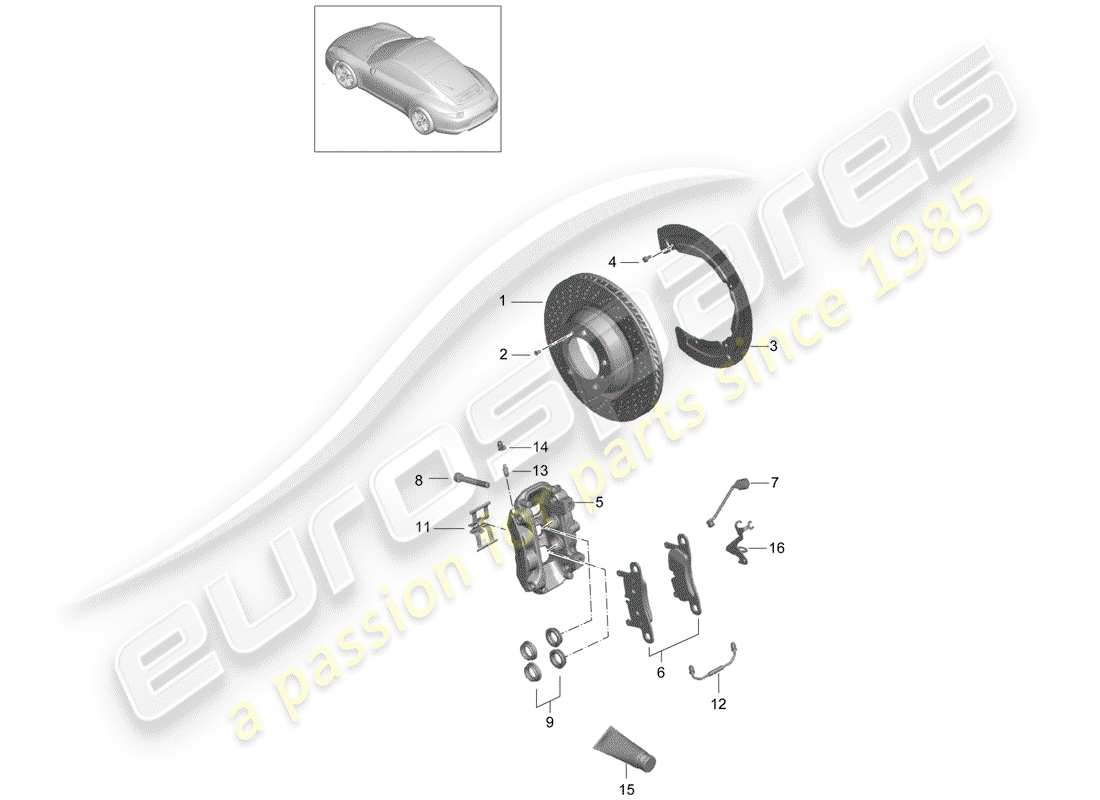 porsche 2014 (991-1) disc brake rear axle parts diagram