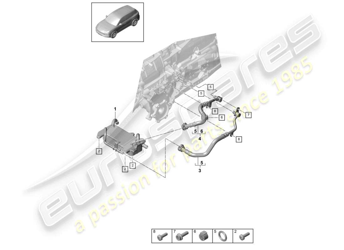 porsche 2019 (cayenne e3 9ya/9yb) 8-speed automatic gearbox for four-wheel drive gear oil cooler oil pipe parts diagram