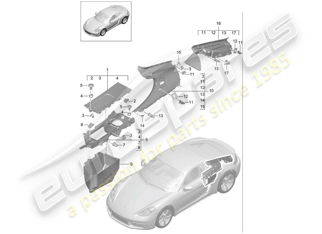 porsche 2020 (718 cayman) trims side rear engine bay and engine bay part diagram