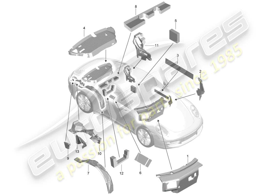 porsche 2016 (991-1) body 2014- sound absorbers parts diagram