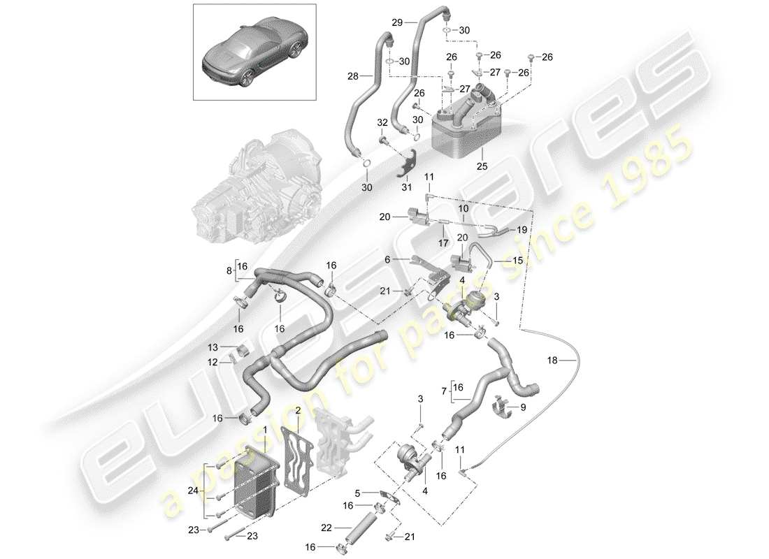 porsche 2016 (981 boxster) - pdk - gearbox heat exchanger oil pipe water pipe parts diagram